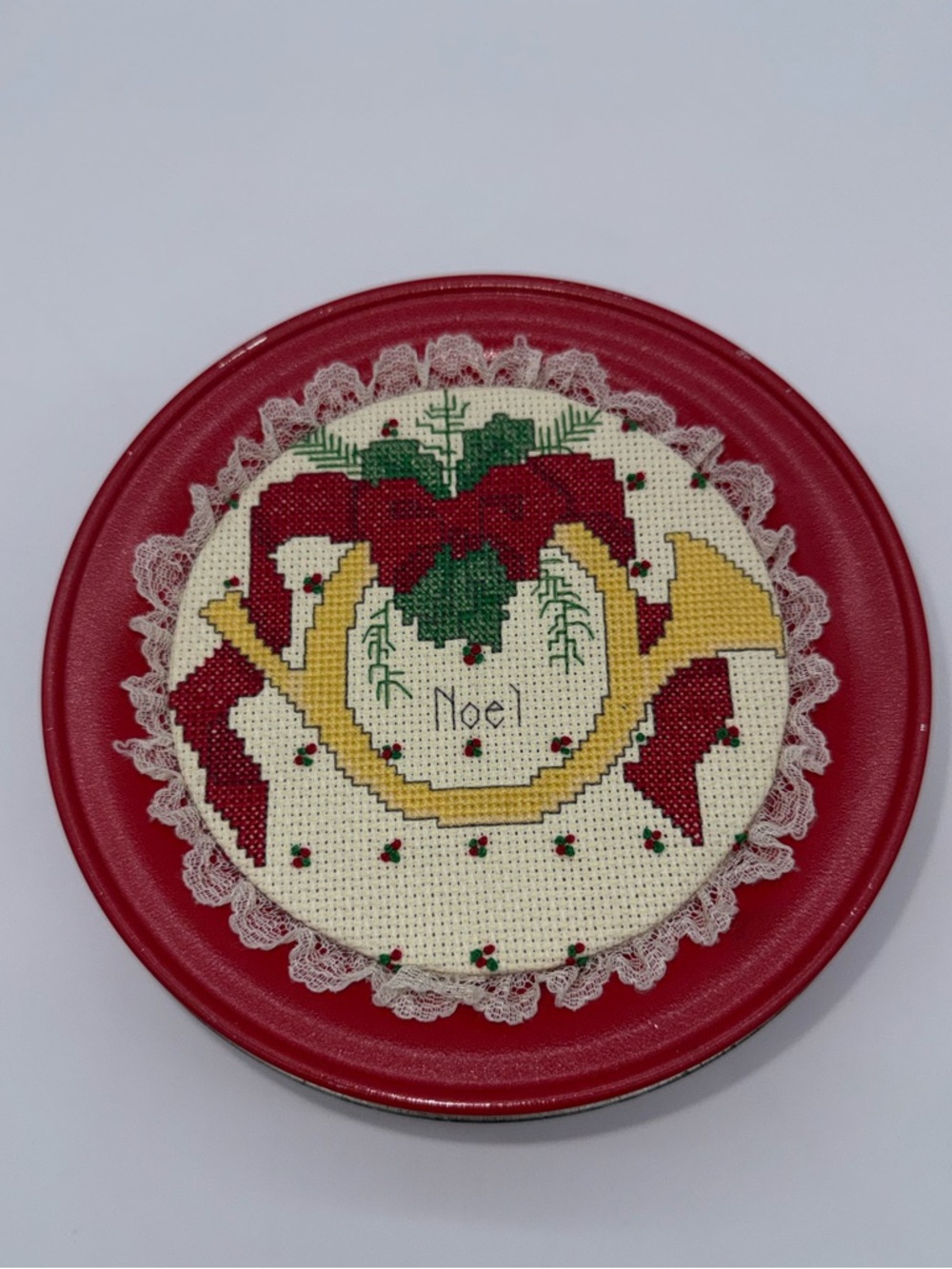 Vintage Christmas Decorative Tin Cross Stitch Lid Noel Holiday Cottage Grandma
